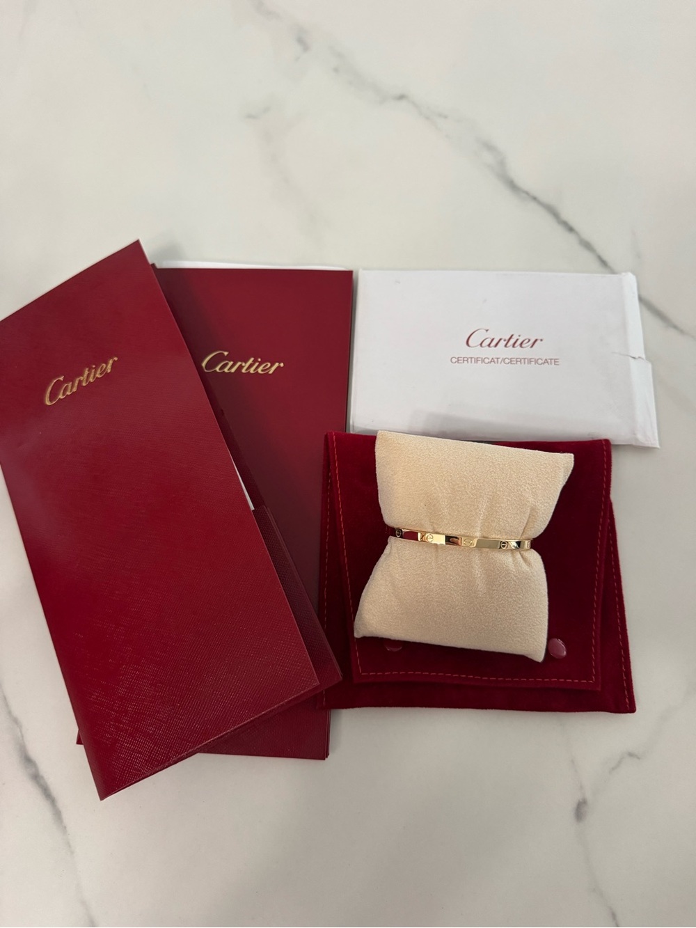 Cartier Gold Bracelet Set with Red Presentation Boxes and Cream Cushion - Picture 4 of 11